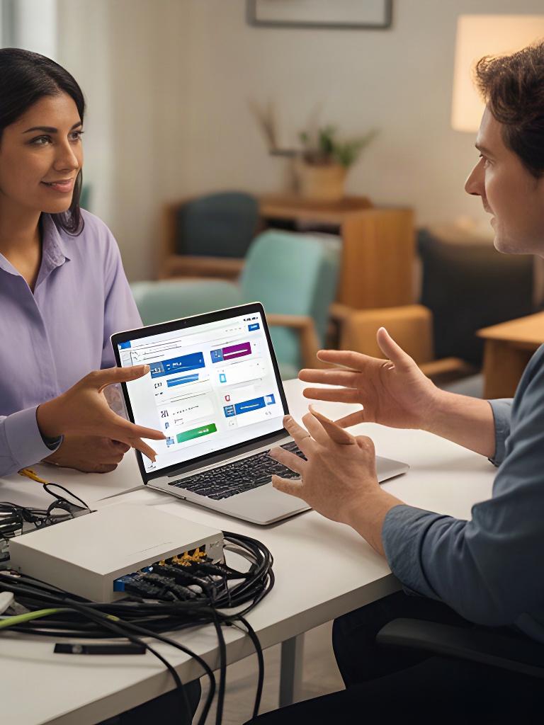 Remote support technician helping a customer beside a laptop and network equipment