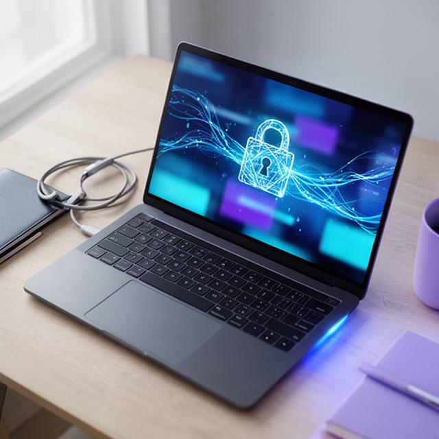 Laptop displaying encrypted connection details on a tidy desk