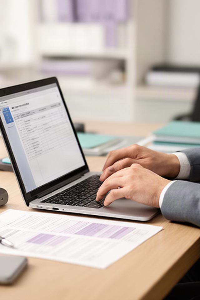 IT professional checking endpoint maintenance records beside a laptop