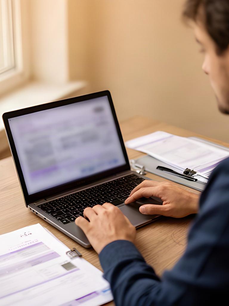 IT specialist reviewing account records beside a locked laptop