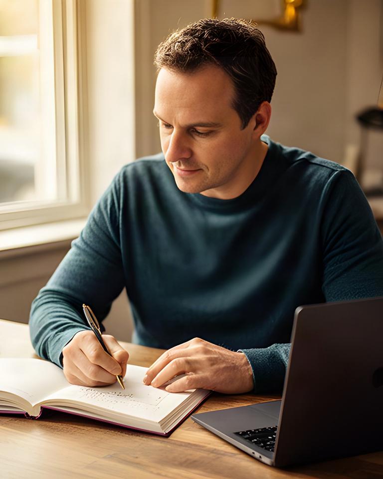 IT founder taking notes beside a laptop in a local office