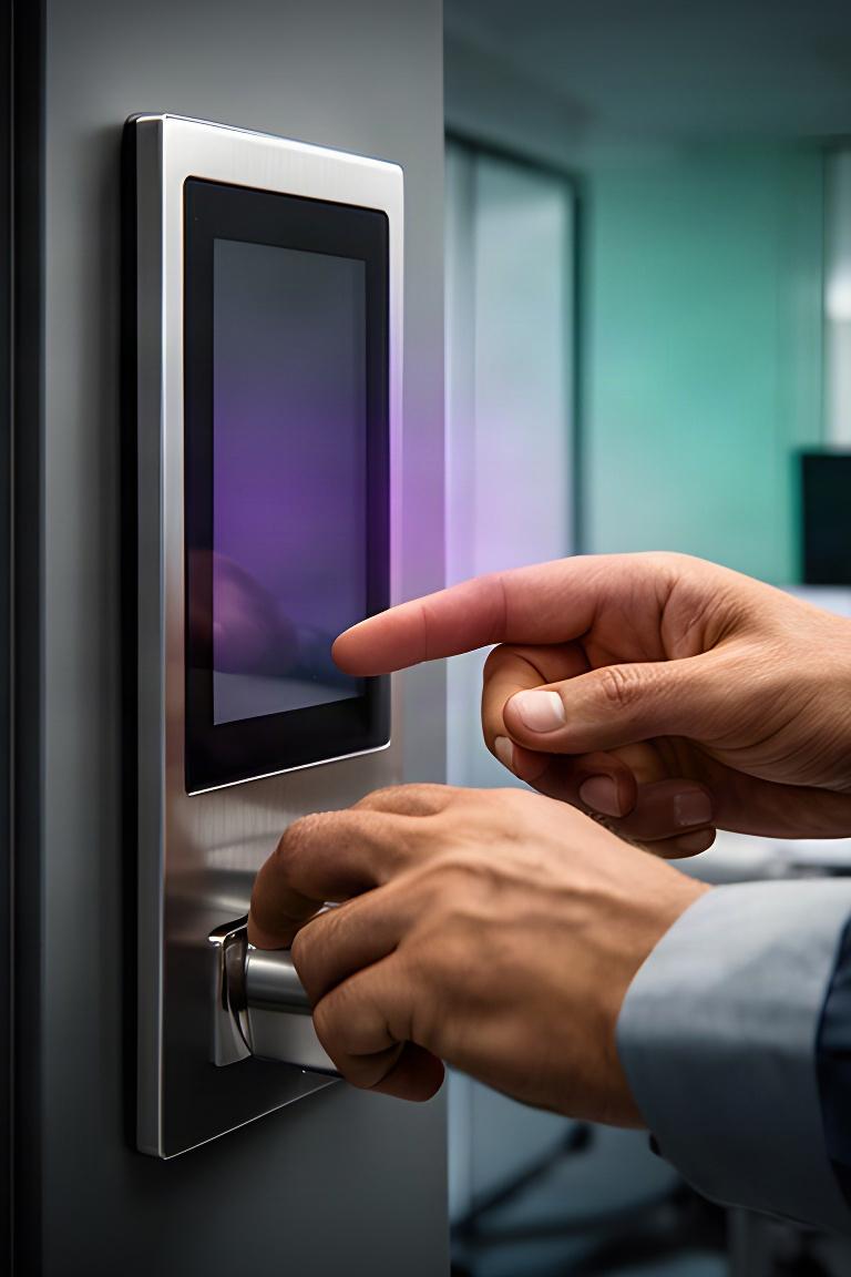 Close view of an access control panel beside a technician's hands