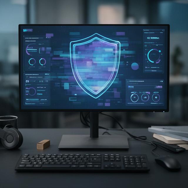 Secure workstation with monitoring dashboard and privacy shield on screen