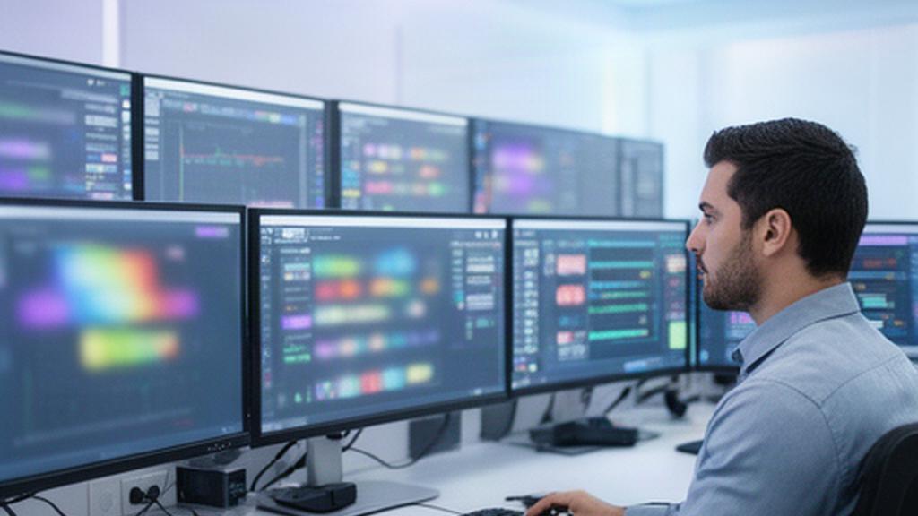 IT specialist reviewing server alerts across multiple monitors in a bright operations room