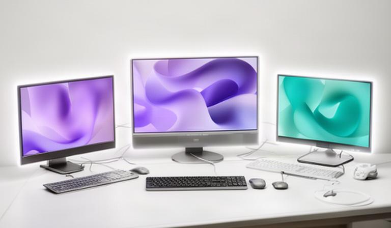 Three computers showing Windows Mac and Linux support tools on a work desk