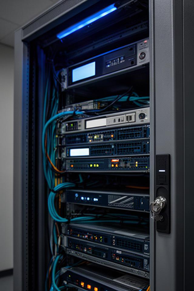 Small business server cabinet with labelled network equipment and controlled access lighting