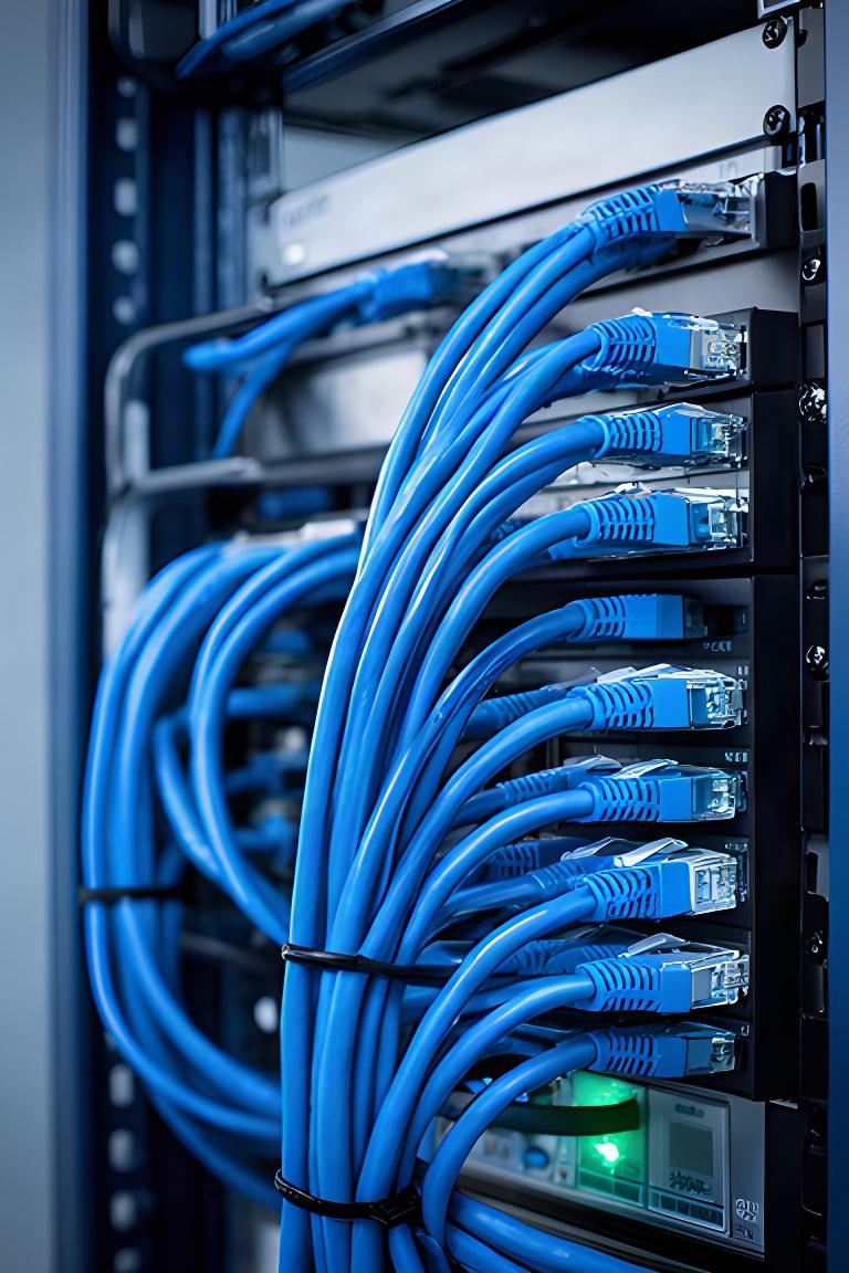 Organized blue network cables connected inside a small business server cabinet