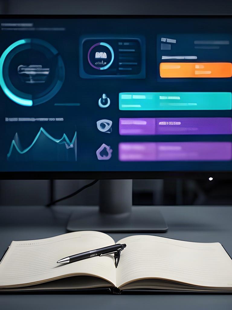 Monitor showing device health checks and system alerts beside a technician notebook