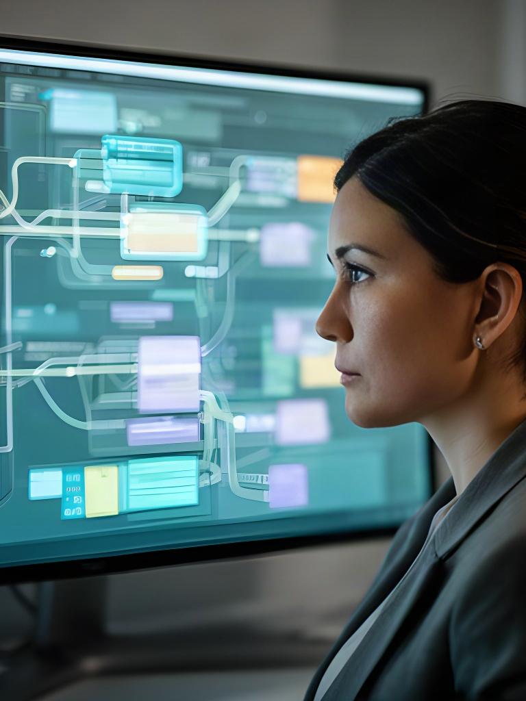 Priya Kapoor, CTO, studying an infrastructure diagram on a large monitor