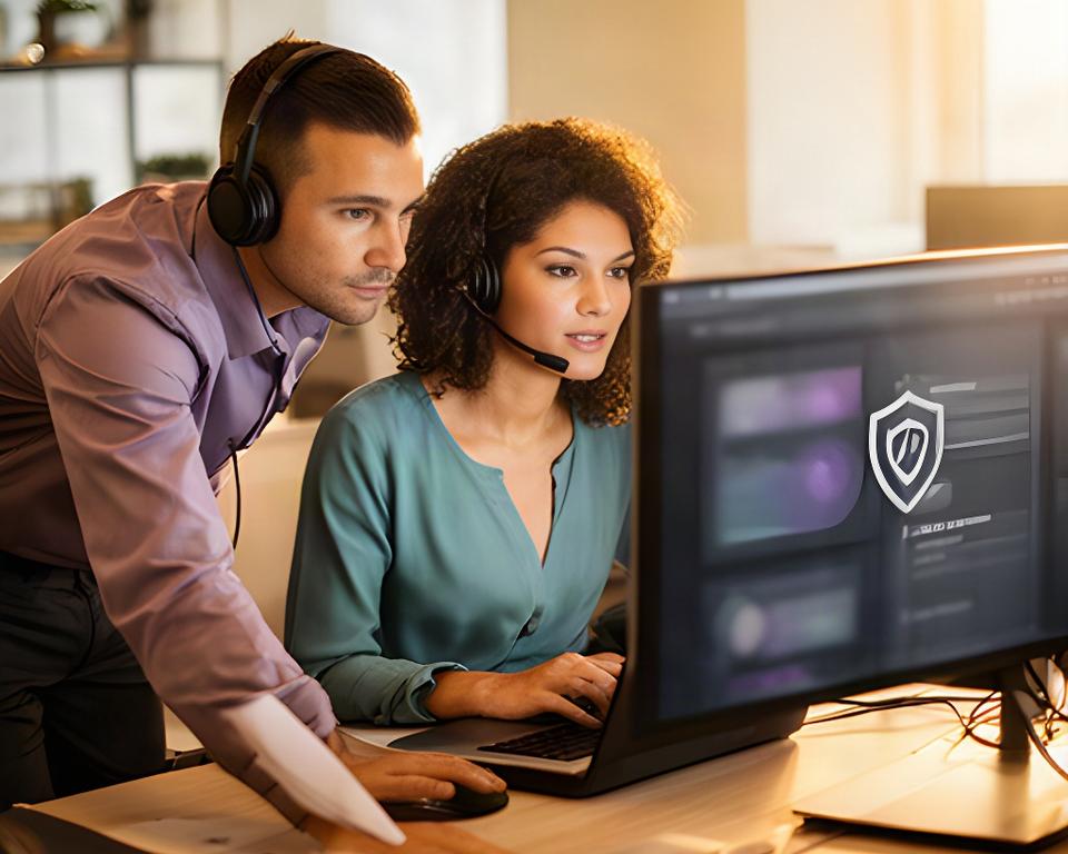 Support technician helping a colleague through a secure remote computer connection