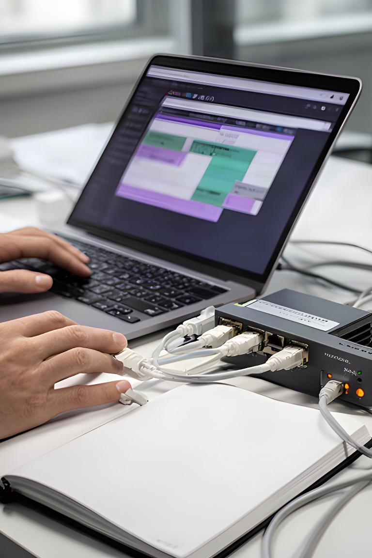IT professional scheduling application updates on a laptop beside a network switch