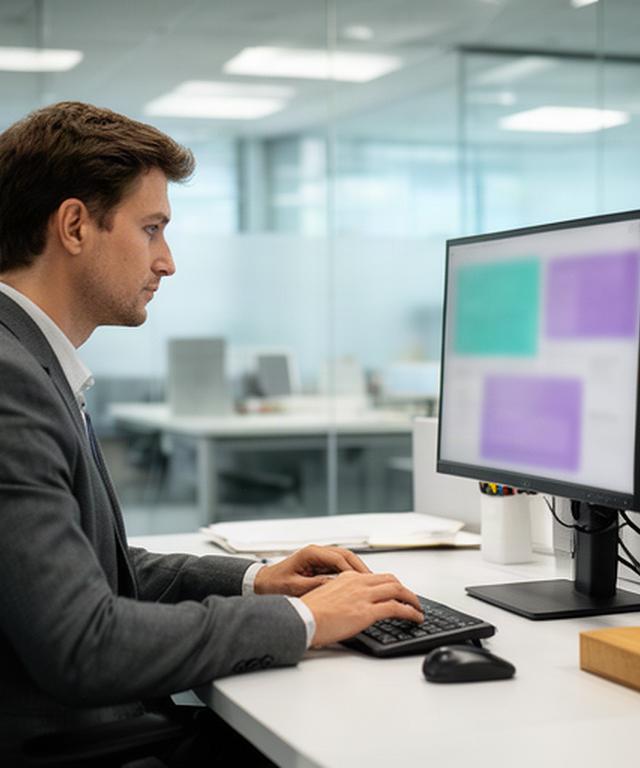 Employee working at an office desktop with a secure remote session visible