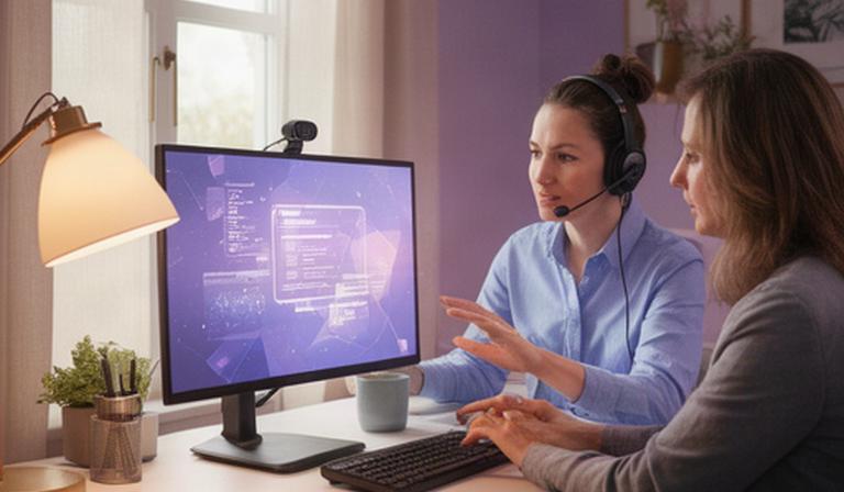 Certified technician assisting a customer at a home office computer