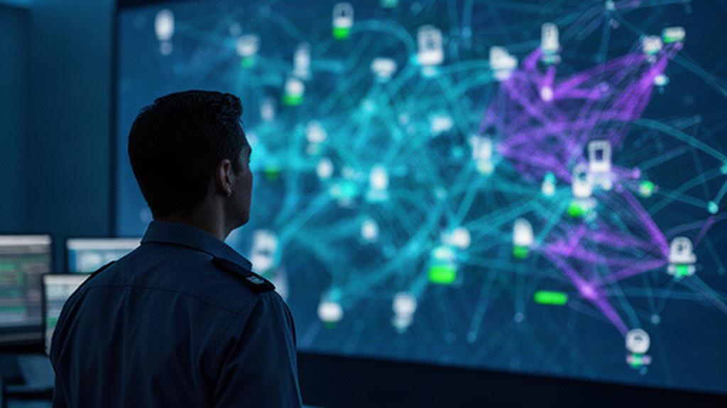 Network administrator viewing connected office devices on a wall display