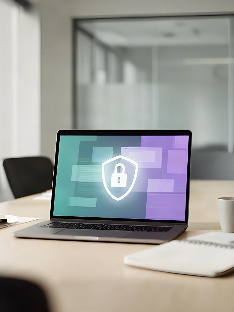 Laptop on a conference table displaying a protected remote desktop connection