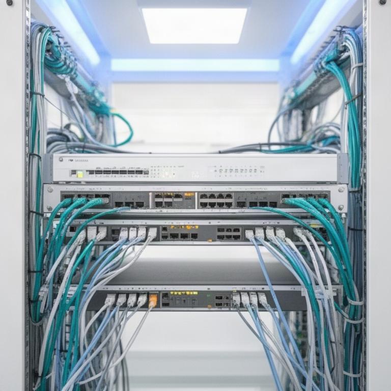 Business network switches and cables arranged neatly in a bright communications room