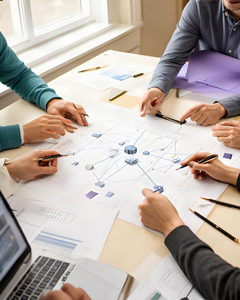 IT team planning a small business network around a table with printed diagrams