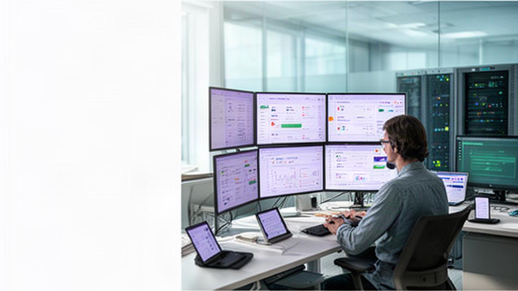 IT administrator reviewing endpoint health dashboards in a bright operations office