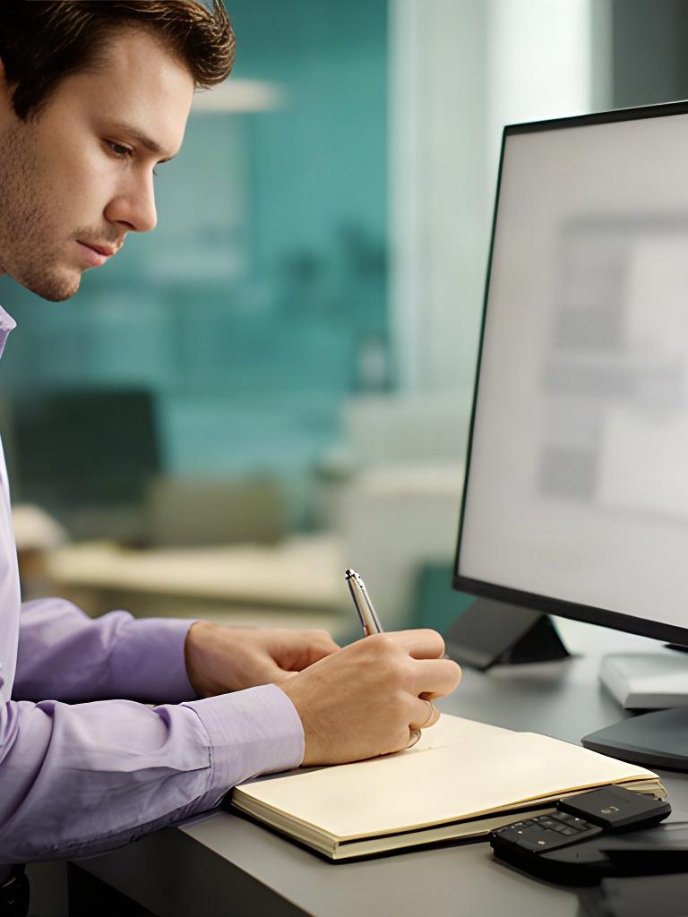 IT specialist making notes during a careful technical review of a workstation