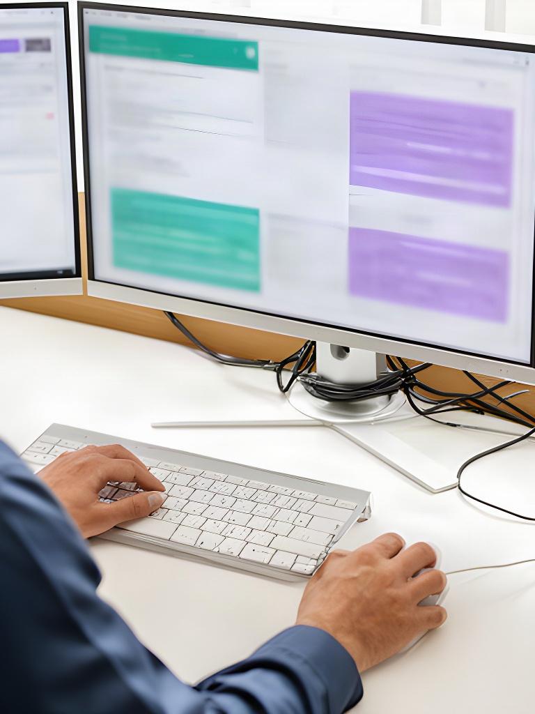 Technician checking computer diagnostics on a bright desktop workstation