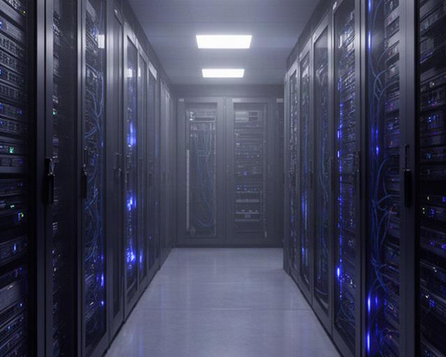 Quiet server room with secured racks and blue status lights
