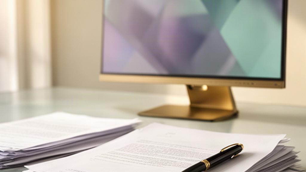 Organized privacy policy records and pen beside a secure desktop computer