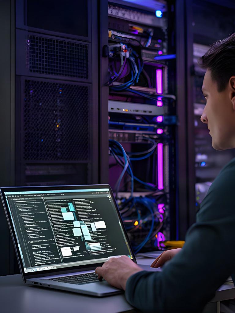 Systems engineer writing a maintenance script beside a server rack