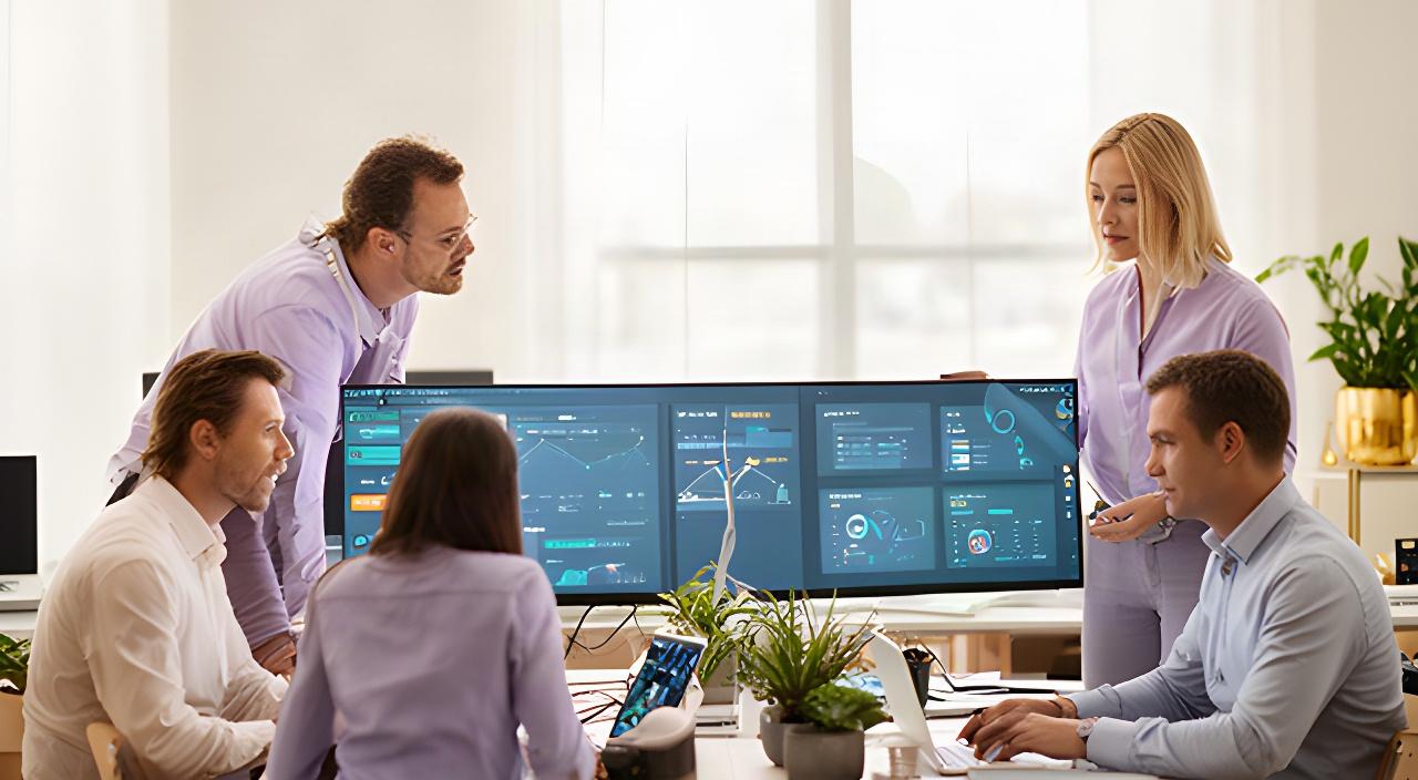 Martin & Myers Solutions team reviewing network dashboards in a bright Gaffney office