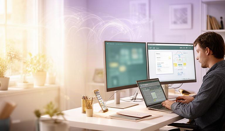 IT specialist securely accessing an office computer from a bright home workspace