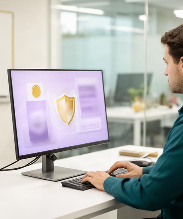 Technician reviewing privacy controls on a computer in a bright support office